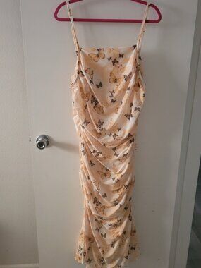 SHEIN Floral Butterfly Midi Dress in Cream and Brown